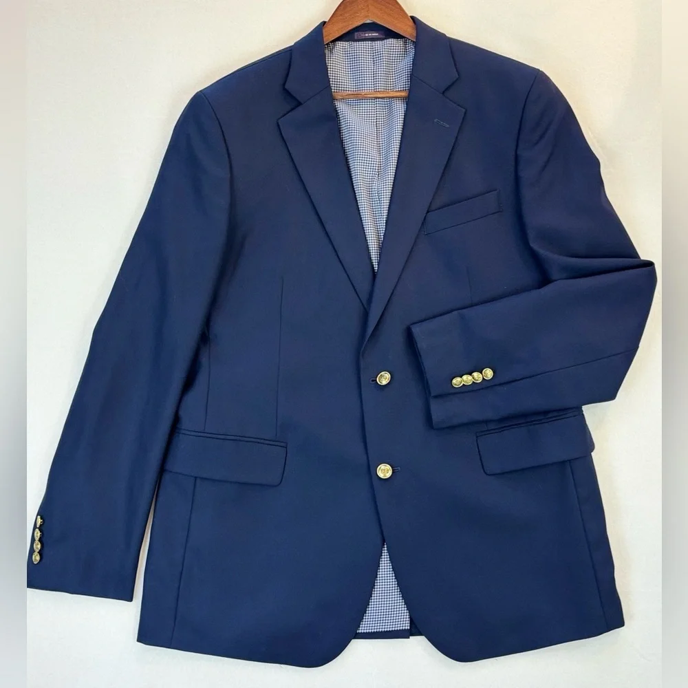 STAFFORD Hopsack Navy Blazer Gold Button Blue Gingham Preppy Wool Business 44L‎